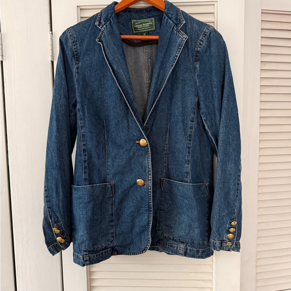 90s Vintage Ralph Lauren Blue Denim Blazer with Gold Buttons